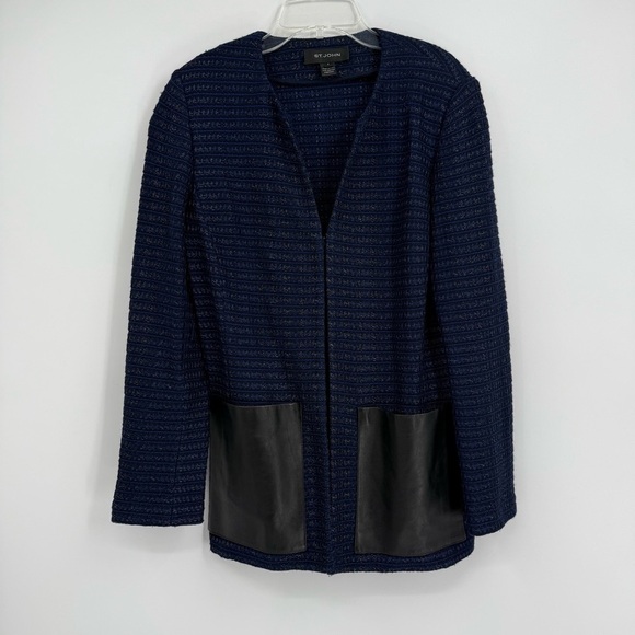 St. John Women’s Tweed Sweater Blazer W/ Leather Pockets Size 8 Blue Black wool - Picture 10 of 10